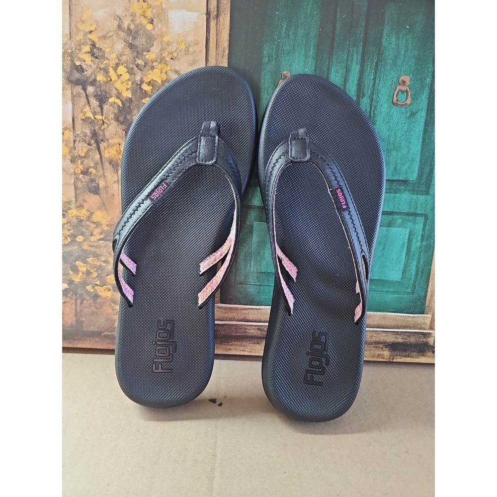 FLOJOS womens slip on thong sandals shoe sizes 10 black faux leather